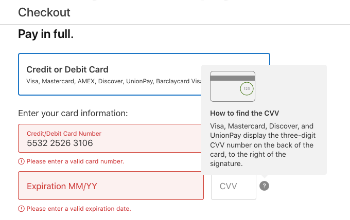 Checkout screen with credit card number entered into the field Shift4