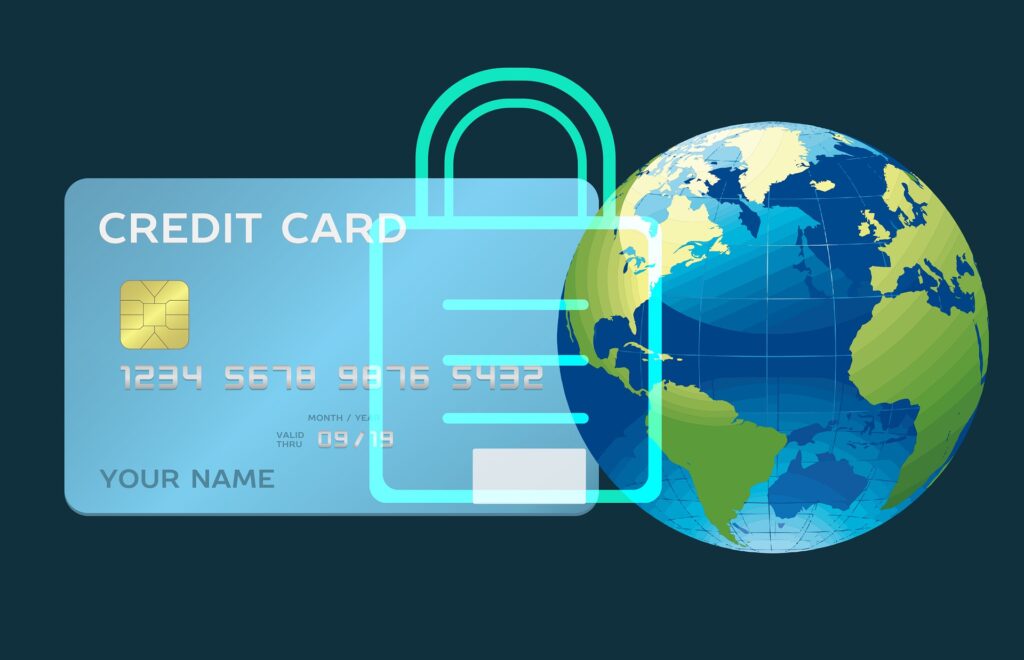 Graphic showing a padlock, credit card, and the world - anti-fraud security concept - Shift4