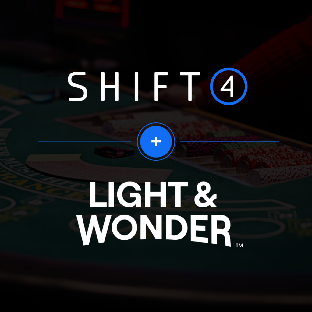 Light & Wonder logo with Shift4 logo partnership announcement