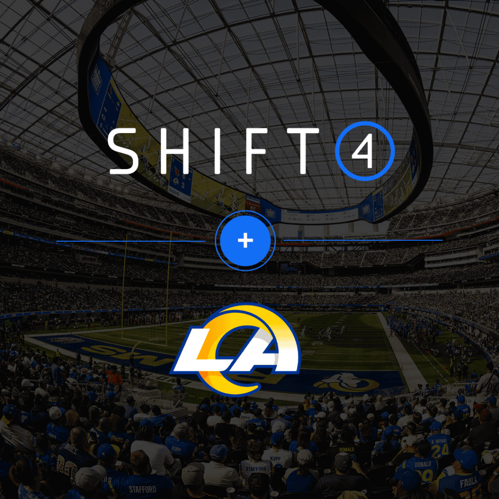 LA Rams select Shift4 to power ticket sales. Shift4 & LAR logos